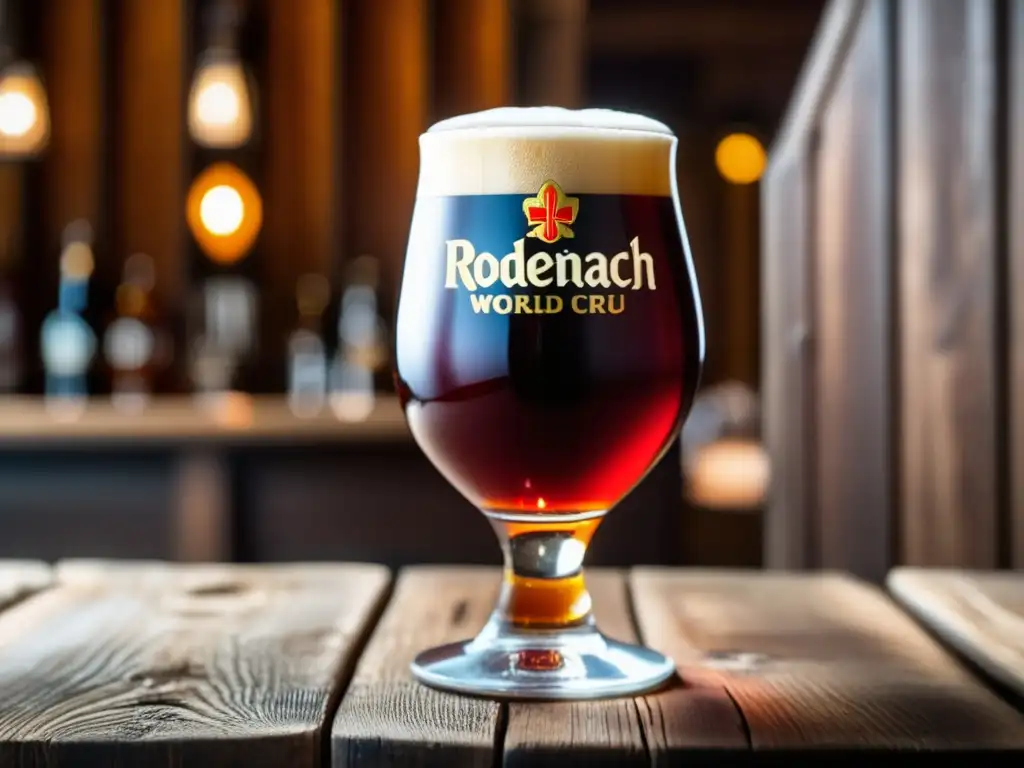 Detalle cautivador de Flanders Red Ale: copa de Rodenbach Grand Cru sobre mesa rústica, color ámbar, burbujas elegantes, condensación refrescante