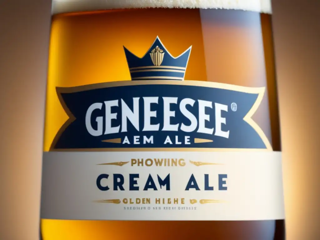 Detallada imagen de la Genesee Cream Ale, con tono dorado y burbujas brillantes en un vaso con condensación