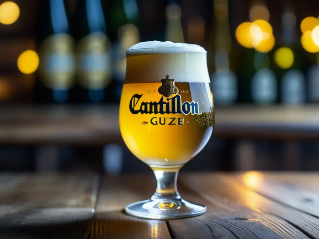 Imagen 8k de una cerveza Lambic Cantillon Classic Gueuze con espuma cremosa y detalles burbujeantes