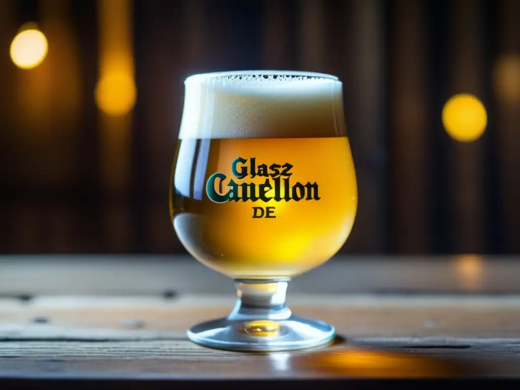 Gueuze de Cantillon: Cerveza Lambic dorada y efervescente en vaso sobre mesa de madera