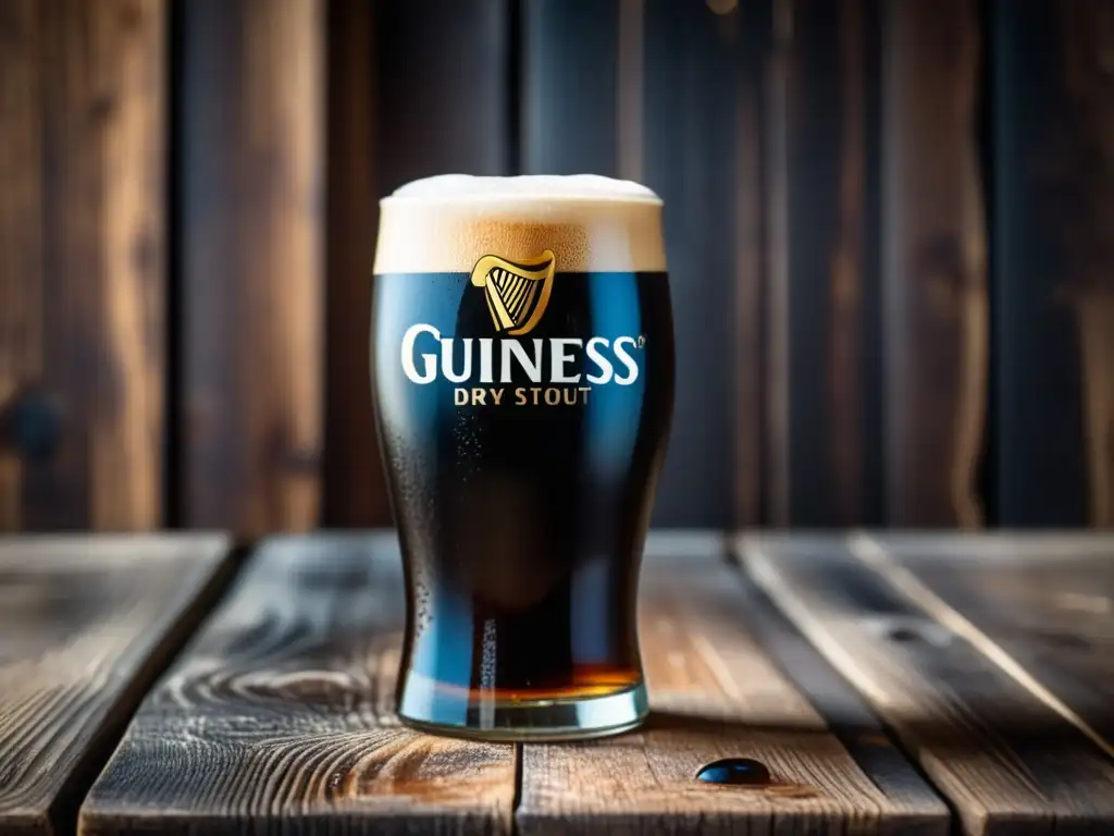 Pinta de Guinness Dry Stout en mesa de madera -