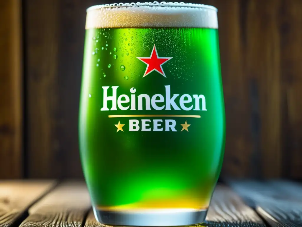 Cerveza Heineken fresca en vaso con burbujas y condensación en mesa de madera