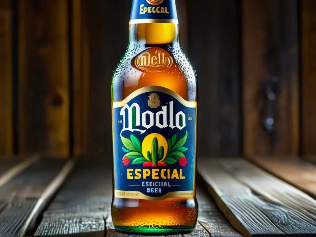 Cerveza Modelo Especial: imagen detallada de una lager mexicana en una superficie de madera rústica, con condensación y burbujas doradas