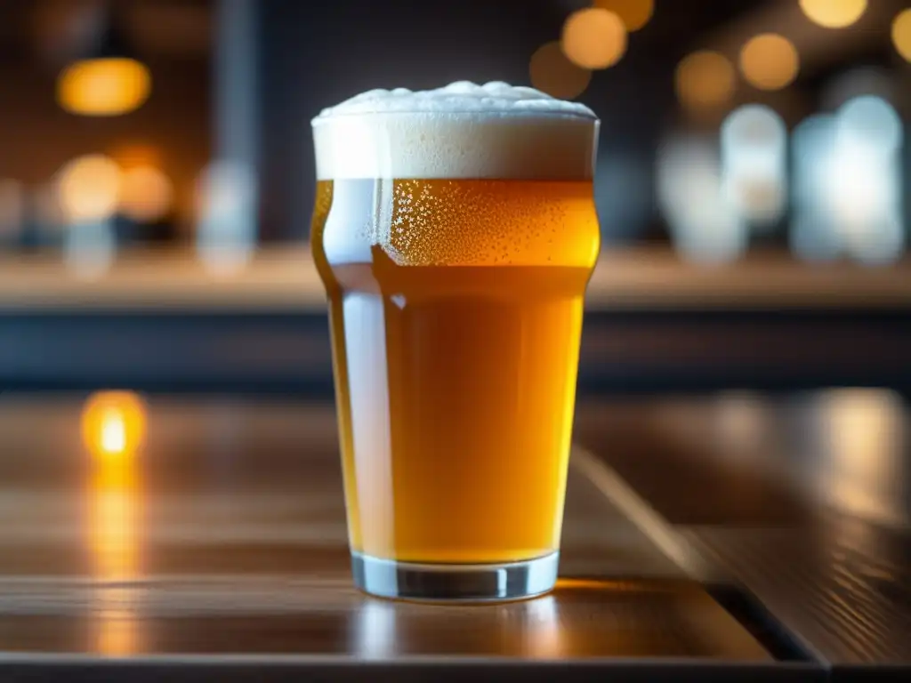 Imagen 8k de un vaso de cerveza NEIPA dorada, espumosa y burbujeante en una mesa de madera - Estilo NEIPA