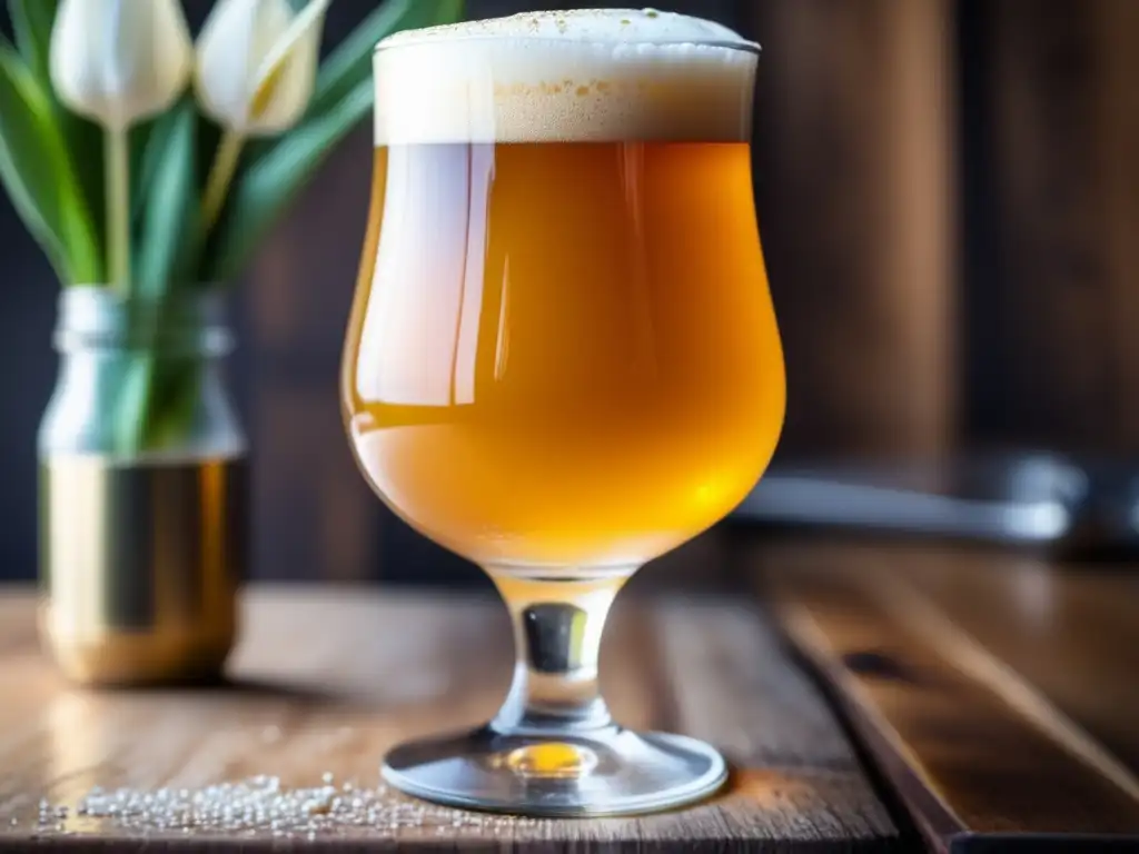 Cerveza NEIPA derramada en una copa tulipa con espuma blanca cremosa, rodeada de granos de malta, conos de lúpulo y levadura