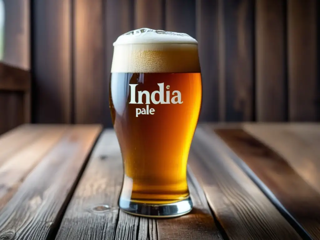 Cerveza India Pale Ale con espuma cremosa y detalles de vidrio en una mesa de madera rústica