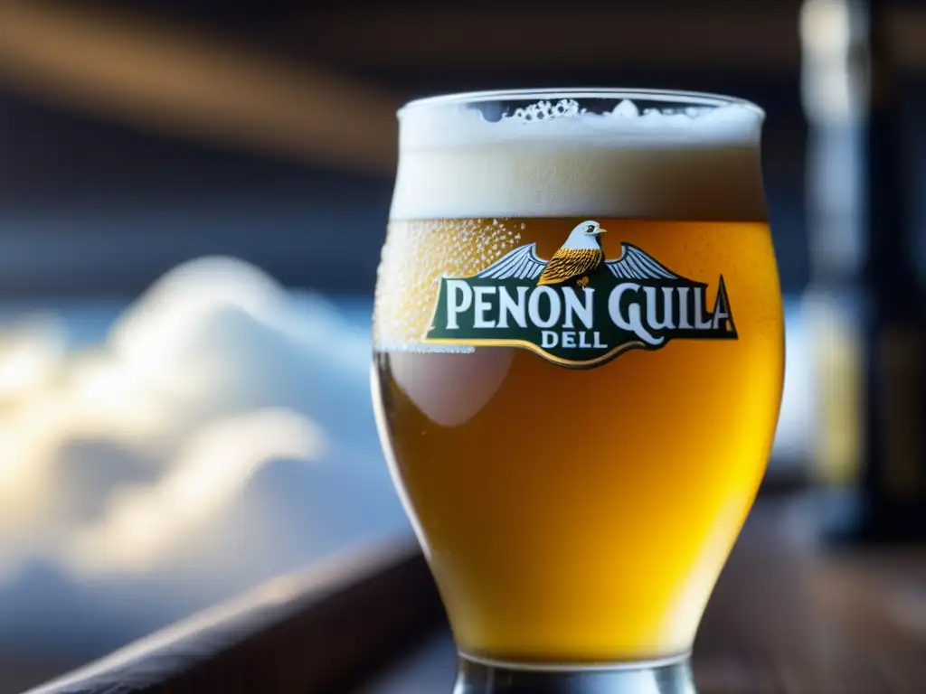 Cerveza Pilsner Peñón del Águila, detalle perfecto, color dorado, burbujas y espuma blanca