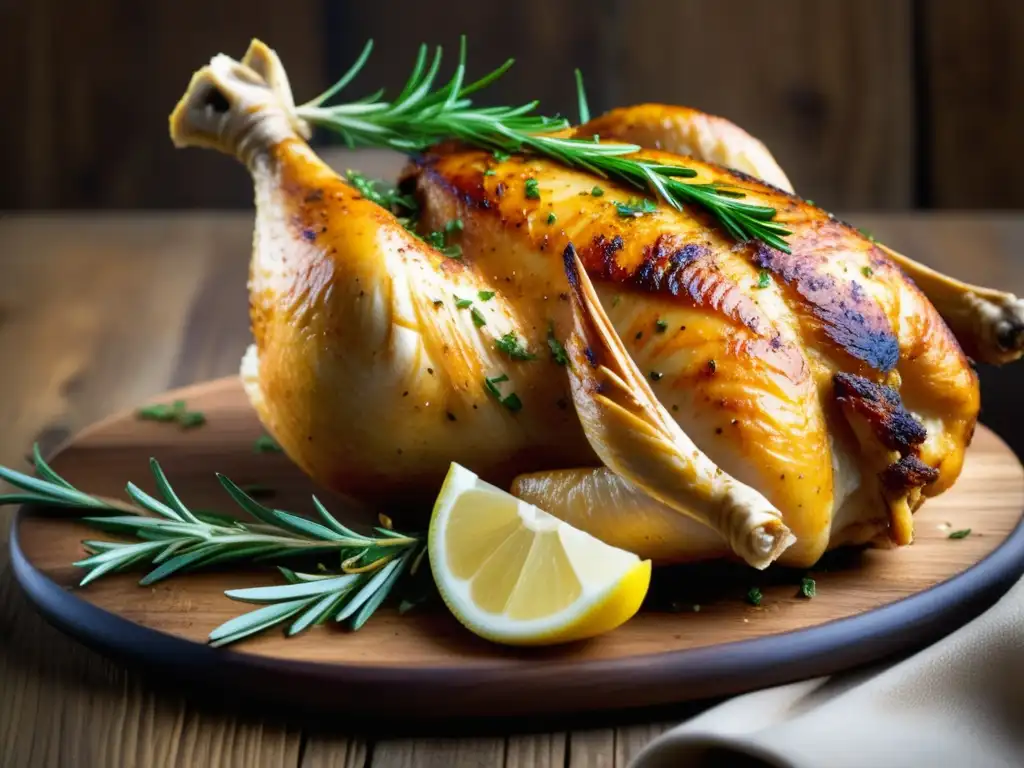 Pollo a la Saison exquisitamente cocinado en plato rústico, resaltando sabores, texturas e ingredientes frescos