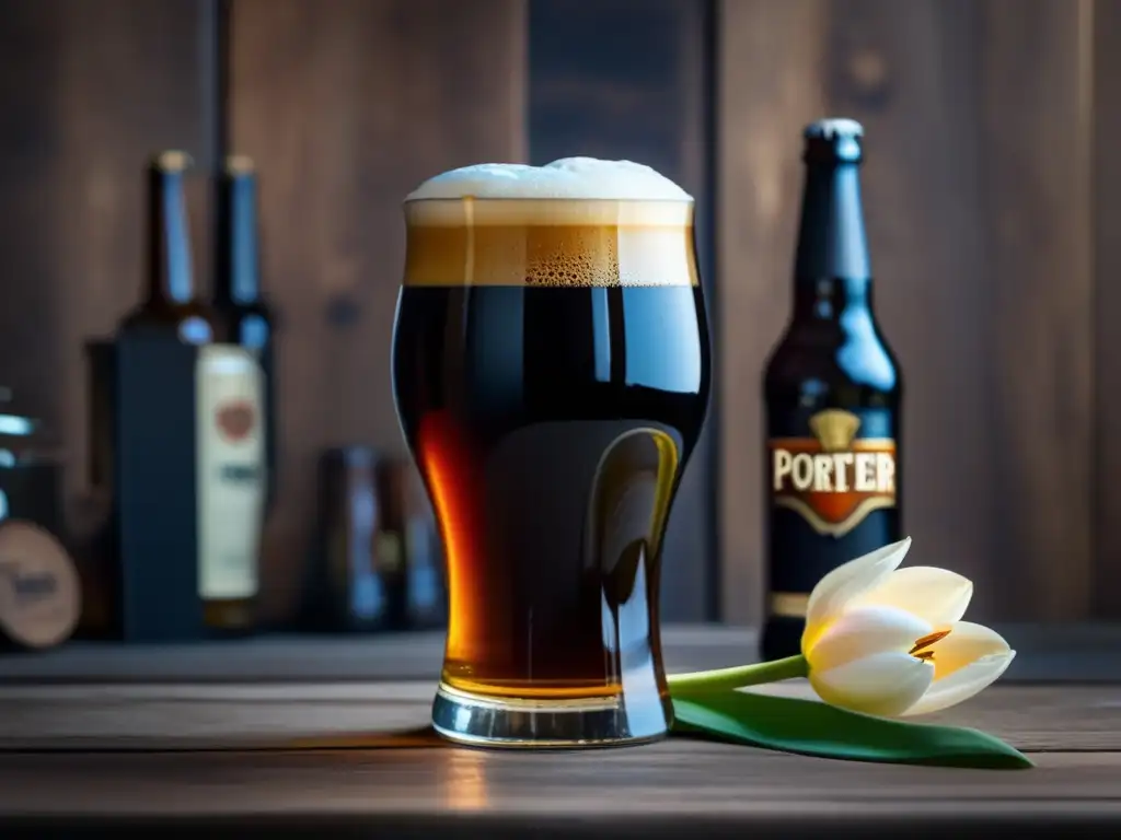 Cerveza artesanal Inglaterra: Pintura Porter en tulipa, líquido oscuro y burbujas visibles en vaso de madera