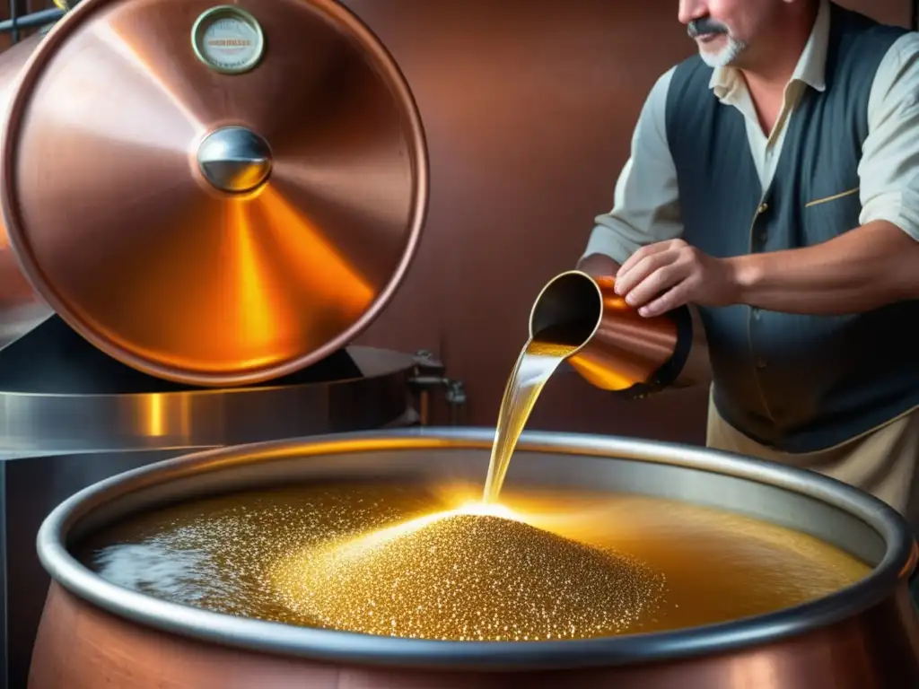 Maestro cervecero vertiendo cebada dorada en caldera de cobre: proceso de Cerveza Águila