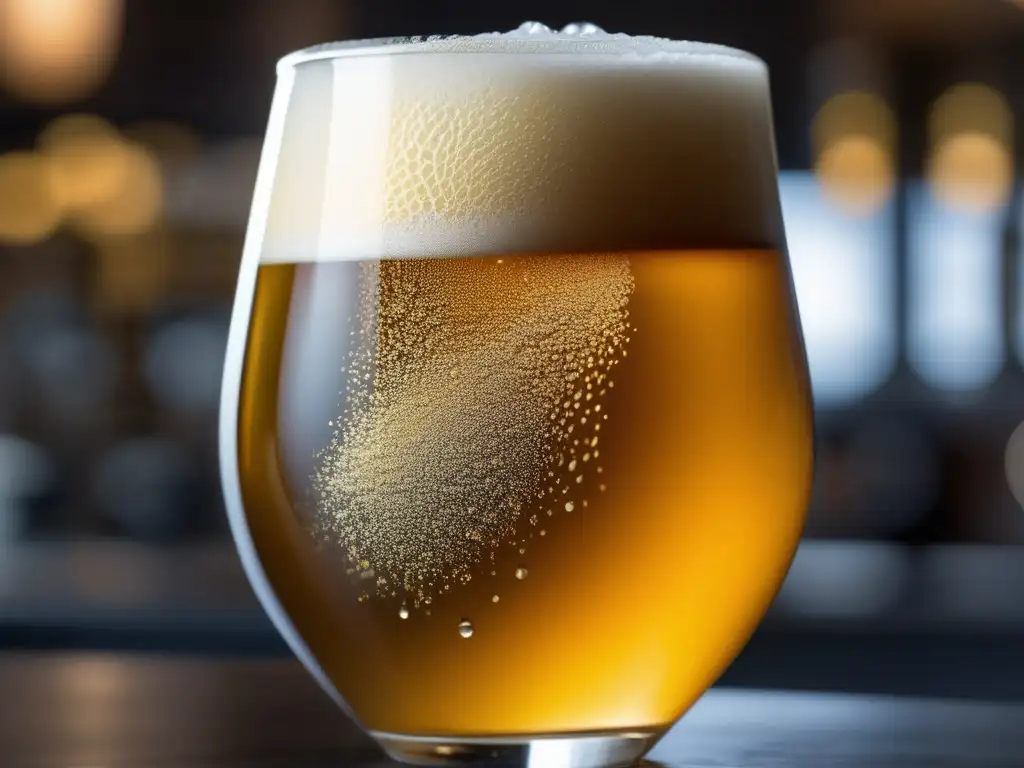 Imagen impactante de una cerveza Saison dorada en un vaso con detalles artesanales y burbujas efervescentes