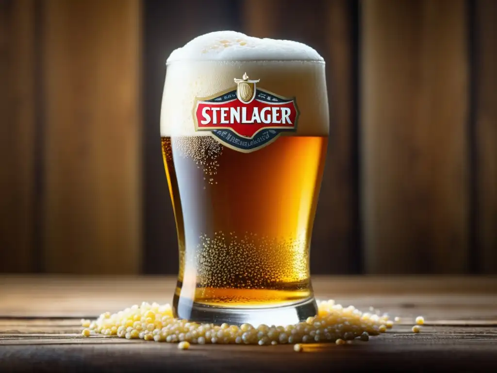 Cerveza Steinlager dorada con espuma cremosa en mesa rústica