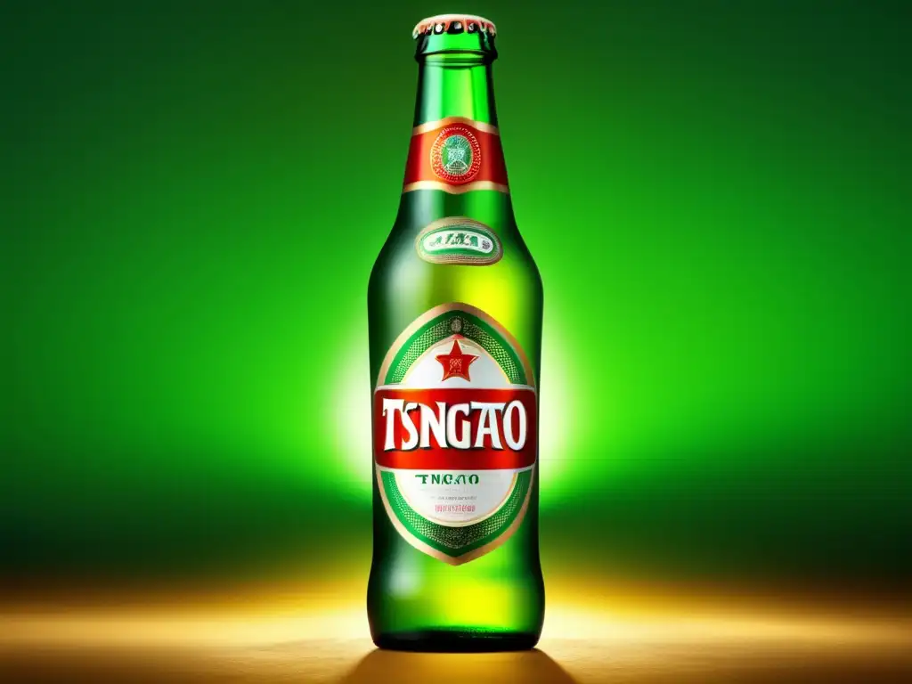 Imagen impresionante de una botella de cerveza Tsingtao en alta resolución, resaltando su textura, detalles y logotipo