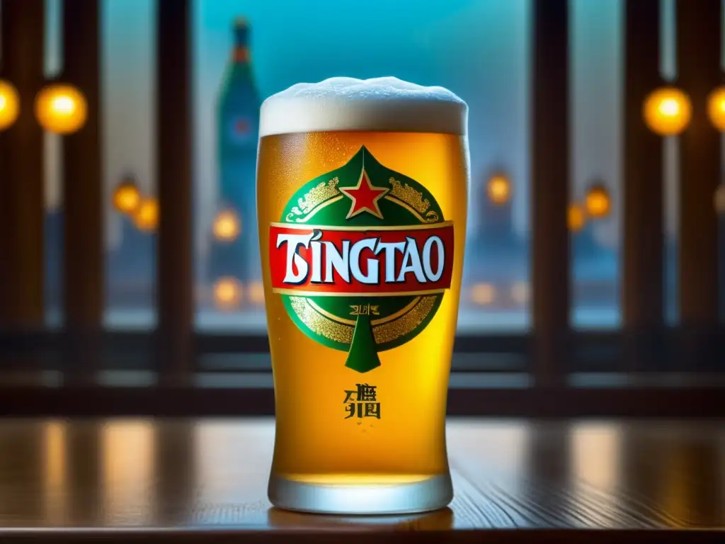 Imagen detallada de Tsingtao beer: vaso helado con logo, ingredientes y artesanía