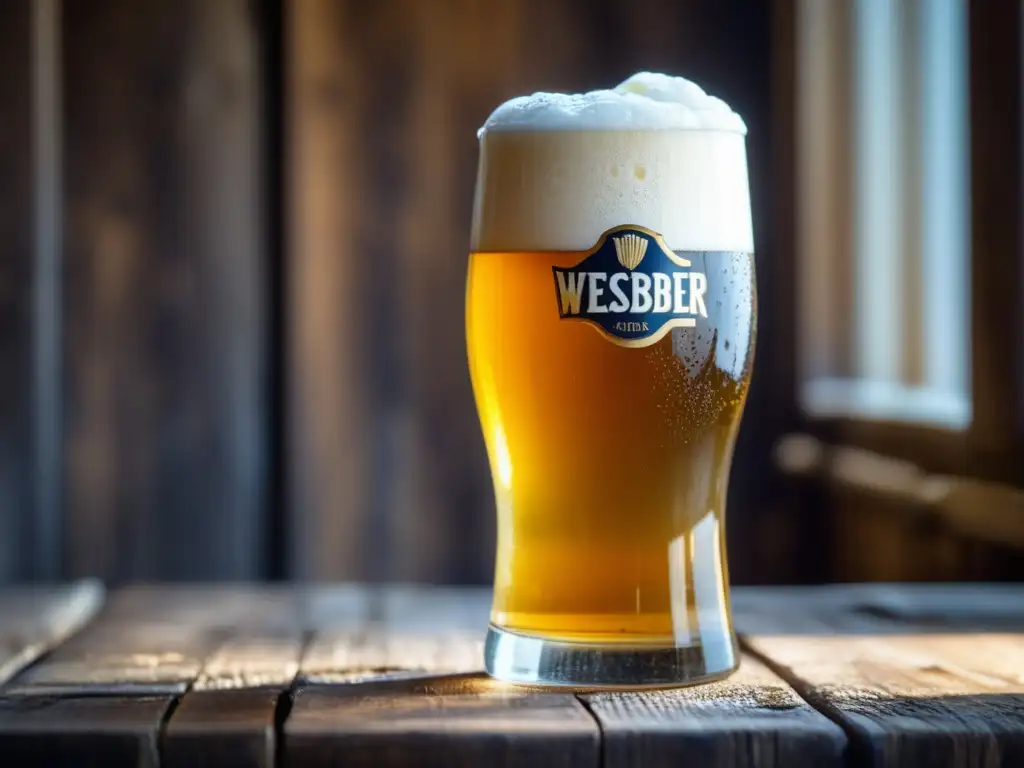 Cerveza Weissbier artesanal con espuma blanca, sobre mesa de madera rústica