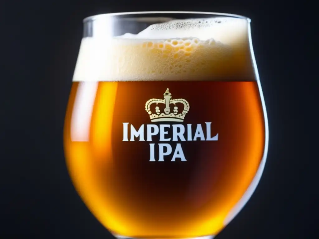 Cerveza Imperial IPA con espuma cremosa y burbujas de carbonatación, color ámbar vibrante y condensación refrescante en vaso oscuro