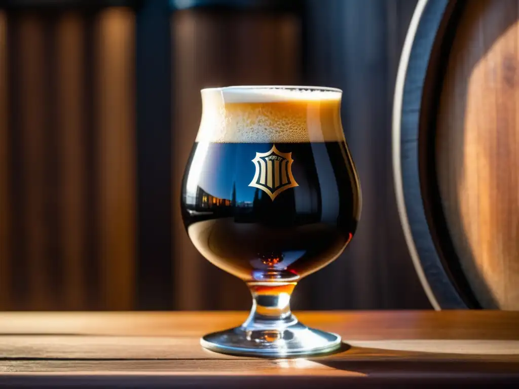 Imperial Stout en snifter de vidrio con espuma tan cremosa, en un barril de madera