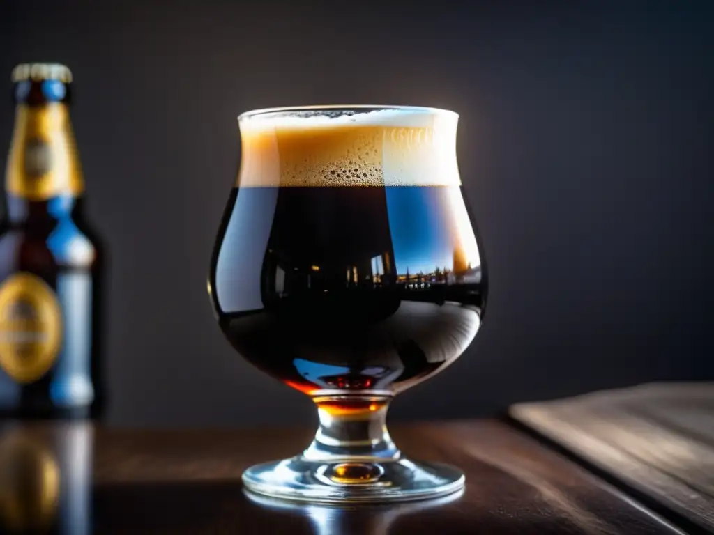 Imperial Stout vertido en copa snifter, con espuma cremosa y burbujas ascendentes en líquido ébano