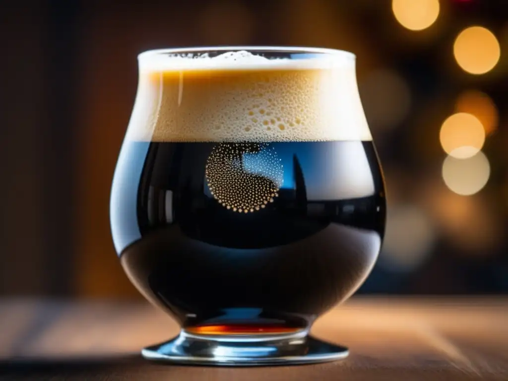 Imperial Stout de Navidad en vaso snifter, textura aterciopelada, espuma cremosa y detalles elegantes