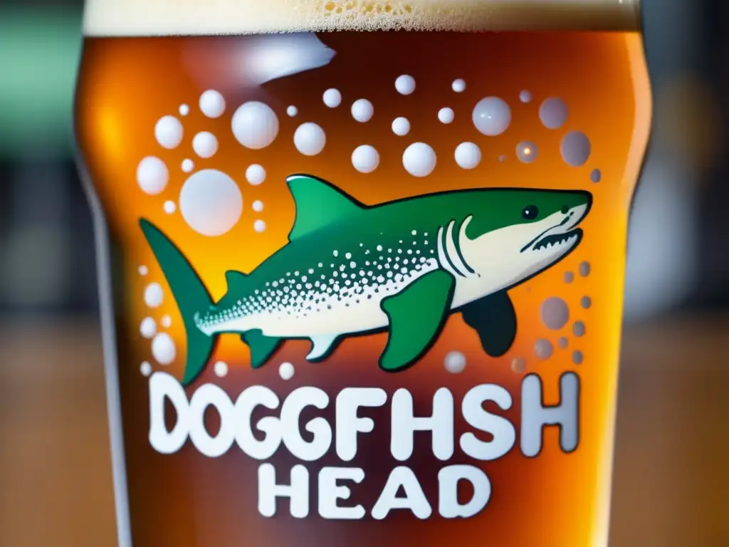 Cerveza Dogfish Head 60 Minute IPA, color ámbar, con espuma blanca y burbujas de carbonatación, de aspecto suave y elegante