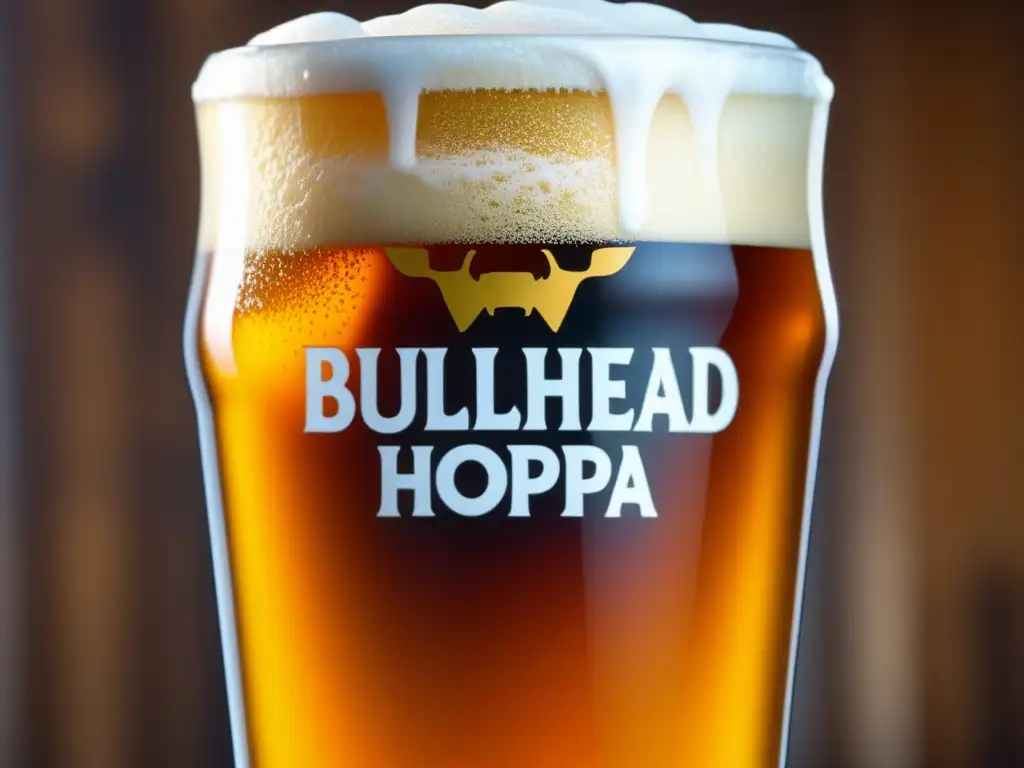 Cerveza Buller Hophead Double IPA, una imagen realista de una copa llena de un vibrante líquido dorado, con una espuma blanca y burbujas carbonatadas