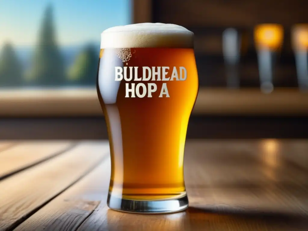 Impresionante imagen fotorealista de una copa de Buller Hophead Double IPA, una Imperial IPA dorada, en una mesa de madera