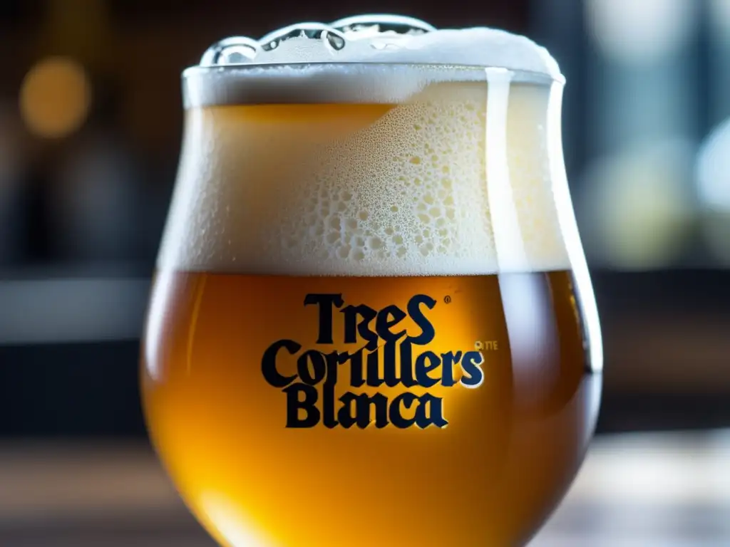 Cerveza artesanal Tres Cordilleras Blanca IPA con burbujas doradas y espuma cremosa