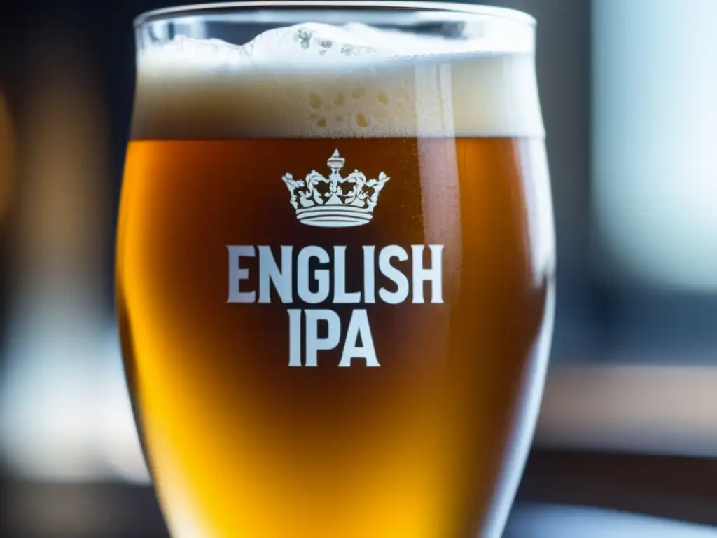 Cerveza English IPA en vaso alto con espuma blanca y burbujas doradas (110 caracteres)