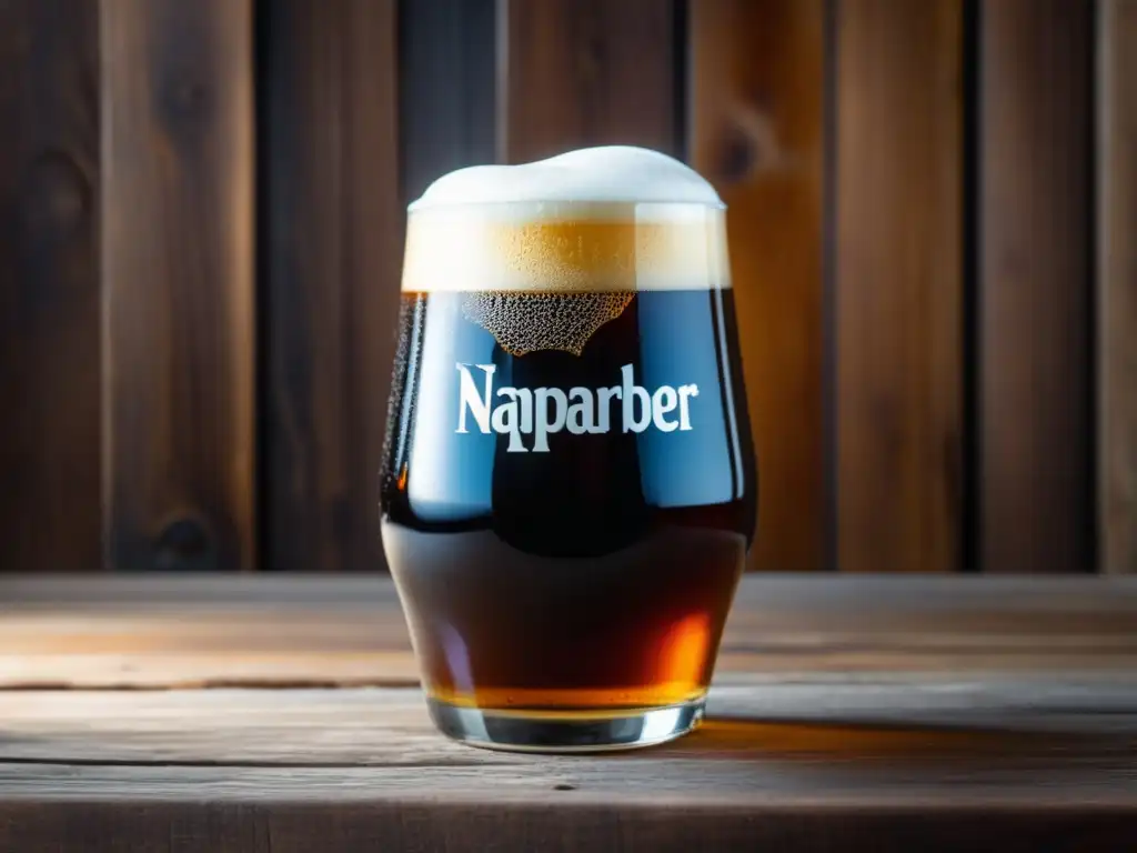 Cerveza de IPA Naparbier Back in Black en vaso de vidrio, con color ámbar, espuma blanca cremosa y burbujas carbonatadas