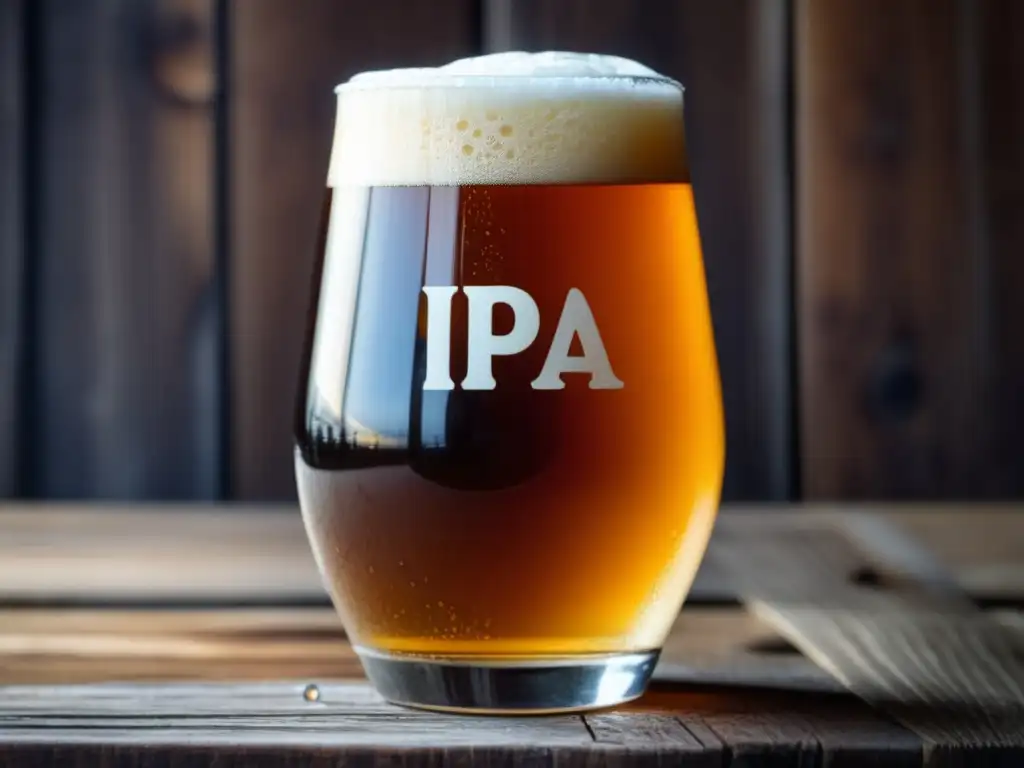 Cerveza IPA con detalles intrincados en vaso de vidrio en mesa de madera rustica