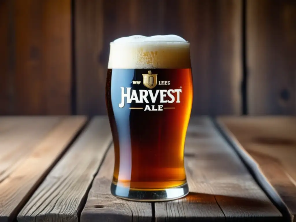 Cerveza Harvest Ale en vaso de vidrio con espuma abundante, color ámbar y burbujas carbonatadas