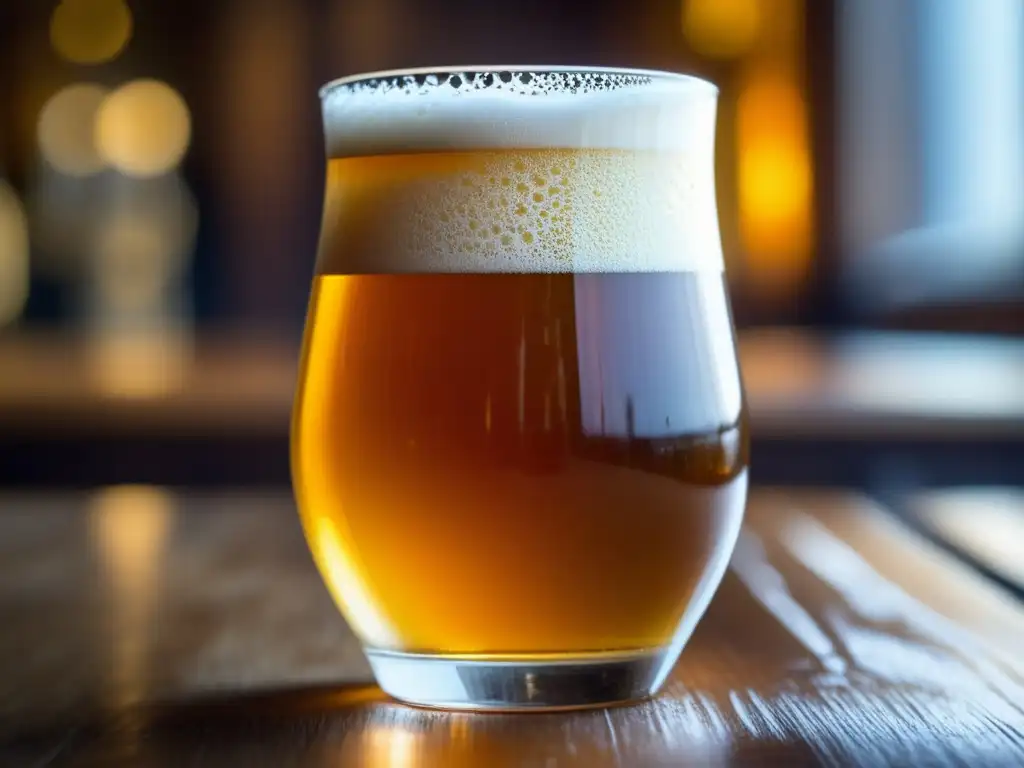 Cerveza galesa dorada y espumosa en vaso sobre mesa de madera - Viajes a Gales