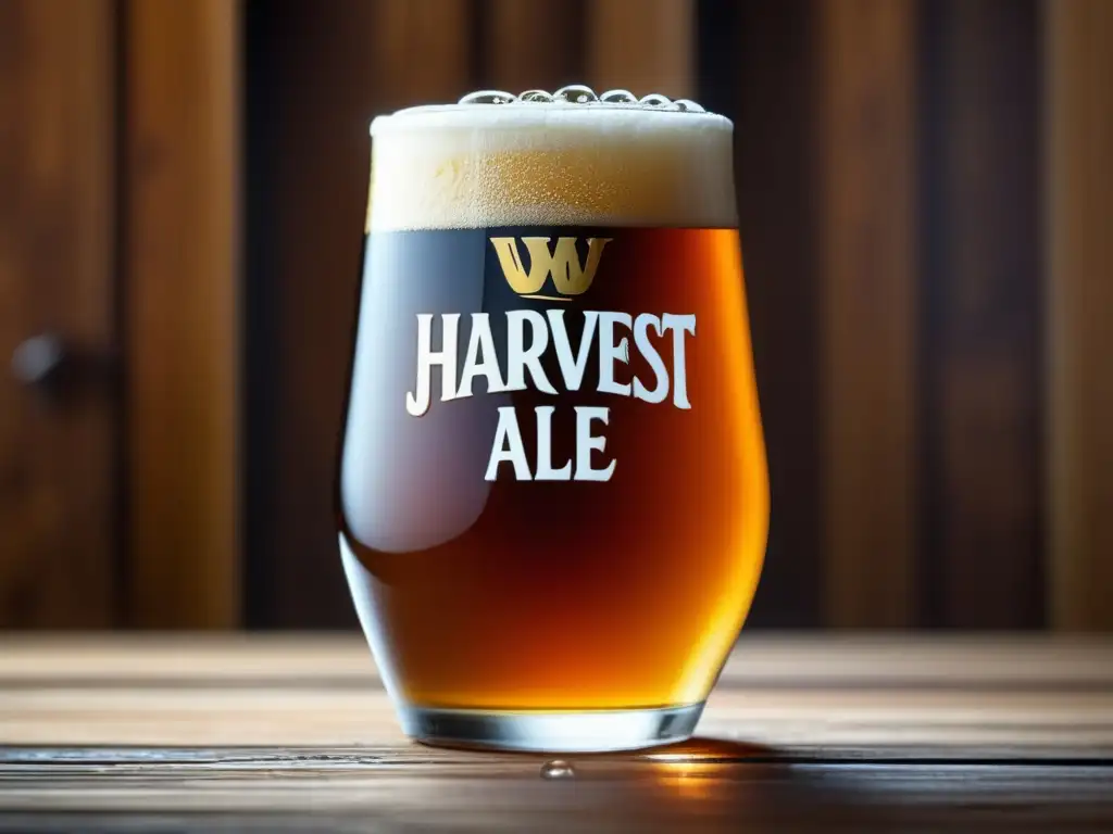 Cerveza Harvest Ale en vaso de vidrio con color ámbar y burbujas intrincadas