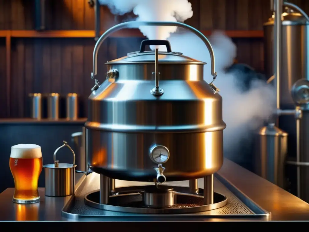 Reutilización de una olla de cocción en una cervecería, con detalles de acero inoxidable, vapor y colores vibrantes de ingredientes de cerveza