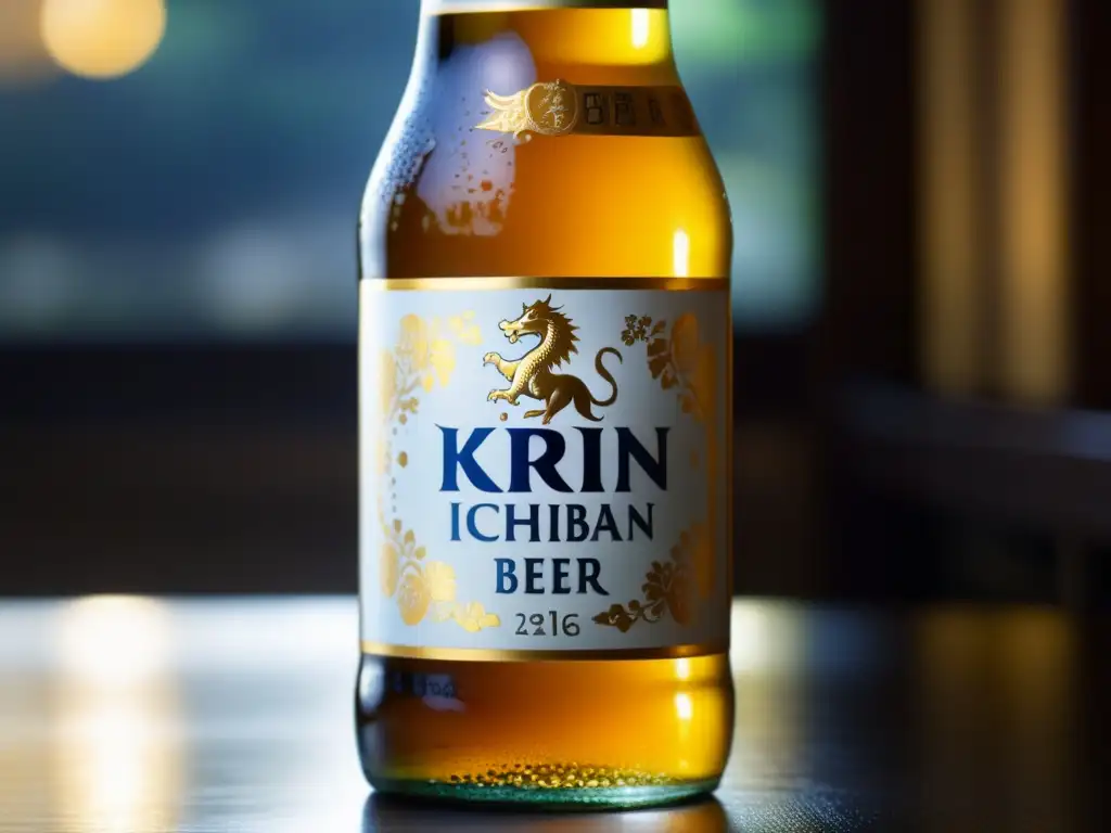 Cerveza Kirin Ichiban, cristal dorado y claro, con condensación refrescante