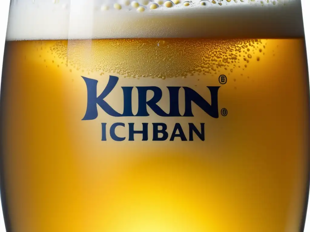 Vaso de cerveza Kirin Ichiban: detalle dorado y burbujeante, con condensación y espuma delicada