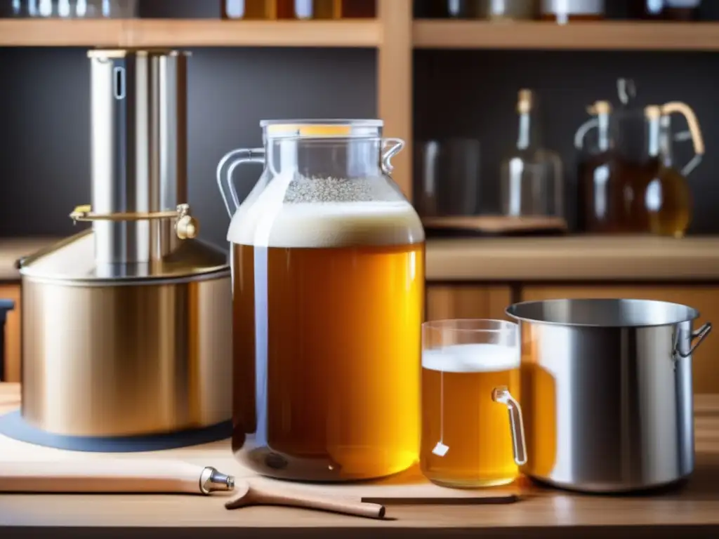 Kit casero para hacer cerveza sin alcohol: Carboy, equipo de fermentación y ingredientes, en una mesa de madera limpia