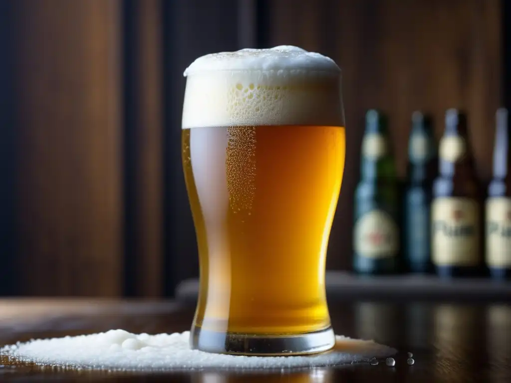 Kit recetas famosas: Cerveza Pliny the Elder, espuma cremosa, cristal con gotas de condensación, líquido dorado