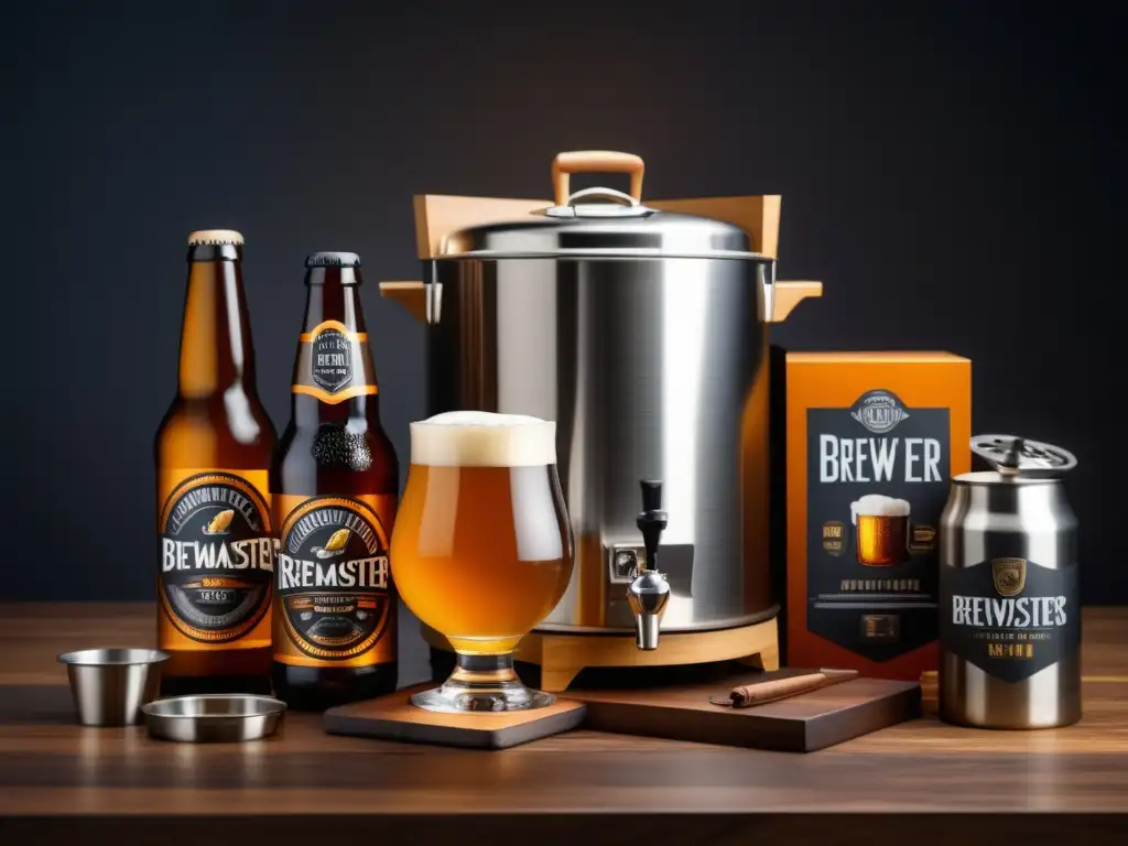 Kits principiantes: Imagen detallada de un kit de cerveza artesanal en una mesa de madera, con etiquetas de estilos de cerveza y libros de recetas