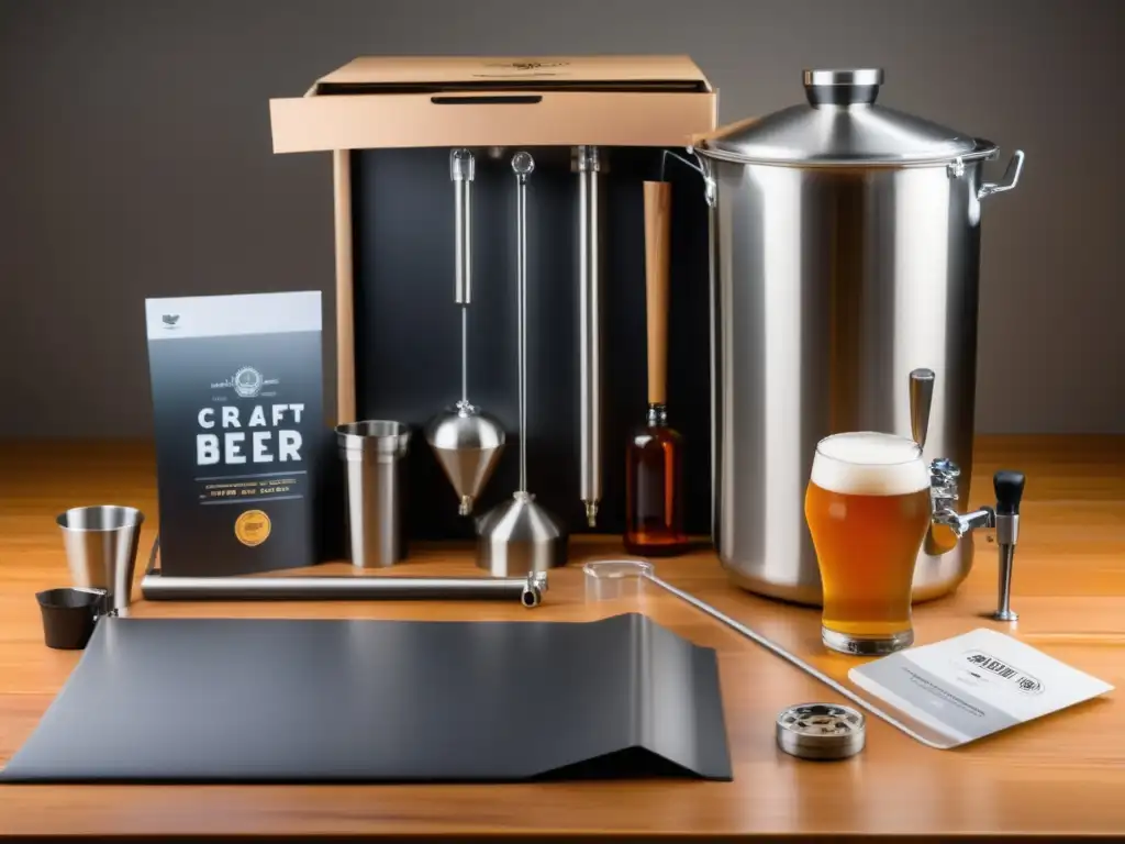 Kit de inicio para elaborar cerveza artesanal: todos los componentes esenciales en una mesa de madera