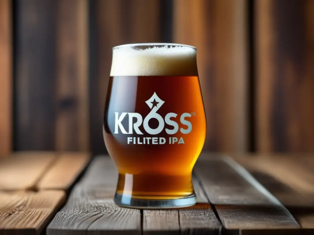 Cerveza artesanal Kross 5 IPA en vaso de vidrio con fondo rústico