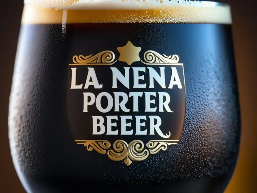 Imagen detallada de la cerveza La Nena Porter, con textura rica y burbujas intrincadas