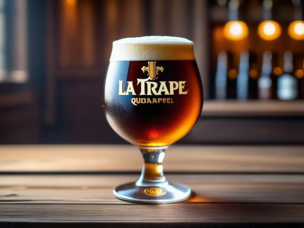 Cerveza Quadrupel La Trappe: vidrio dorado y ambarino con burbujas y patrones dorados en mesa rústica