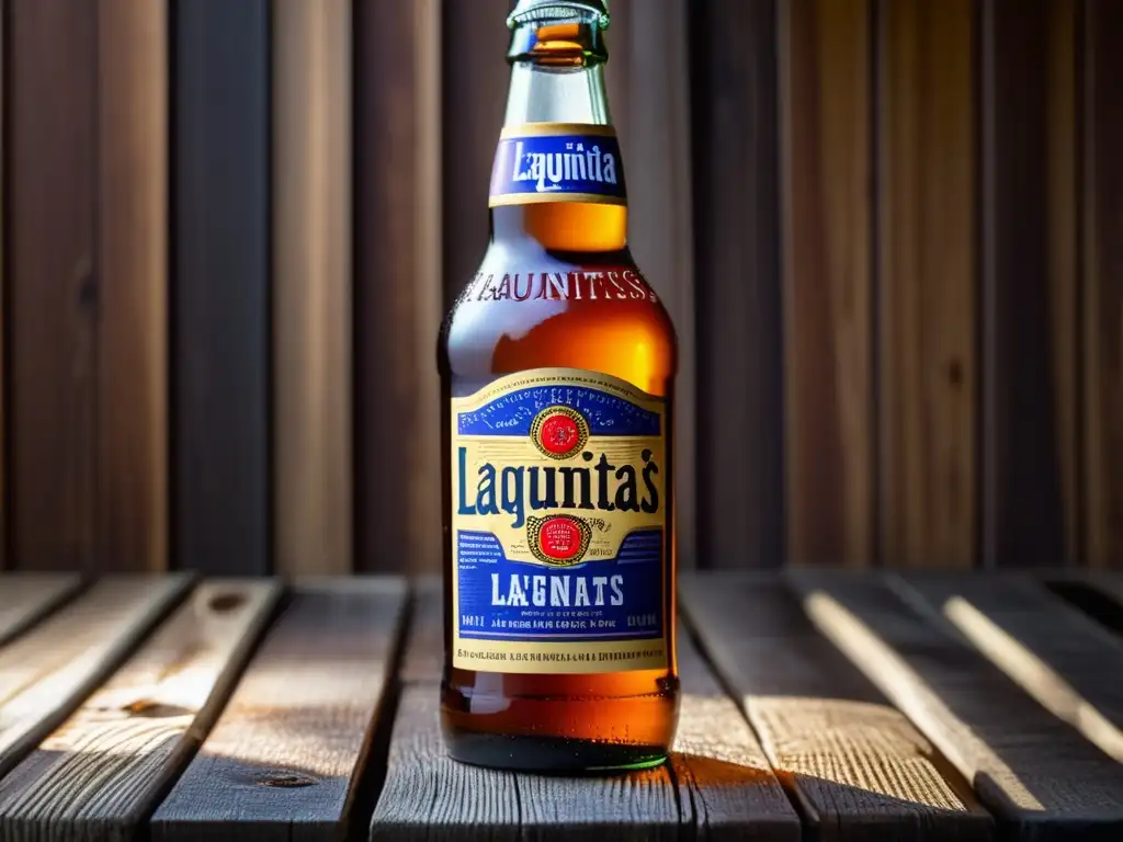 Botella de cerveza Lagunitas sobre superficie de madera rústica