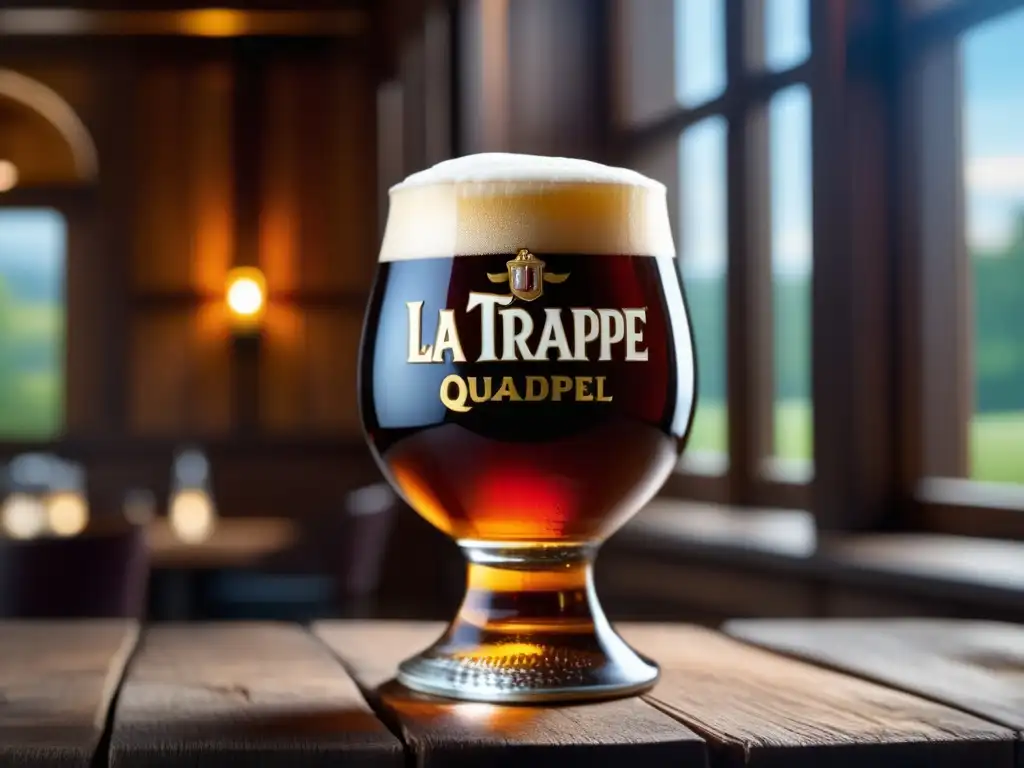 Imagen detallada de una copa de La Trappe Quadrupel en una mesa de madera rústica, iluminada por luz natural