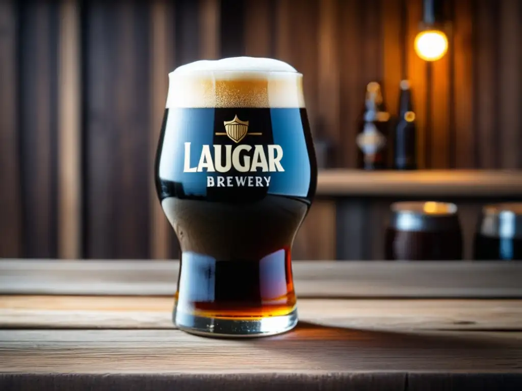 Imagen detallada de una cerveza Stout de Laugar Brewery en una mesa de madera rústica