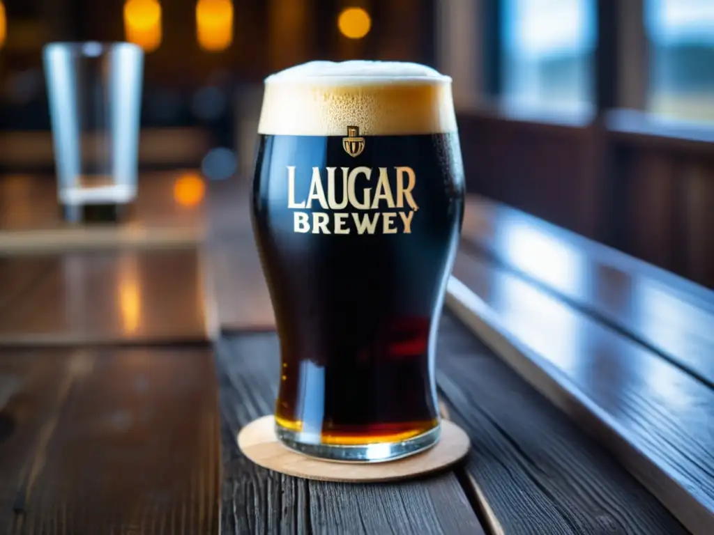 Un vaso de Laugar Brewery Rye Porter, con color marrón oscuro, carbonatación y espuma cremosa