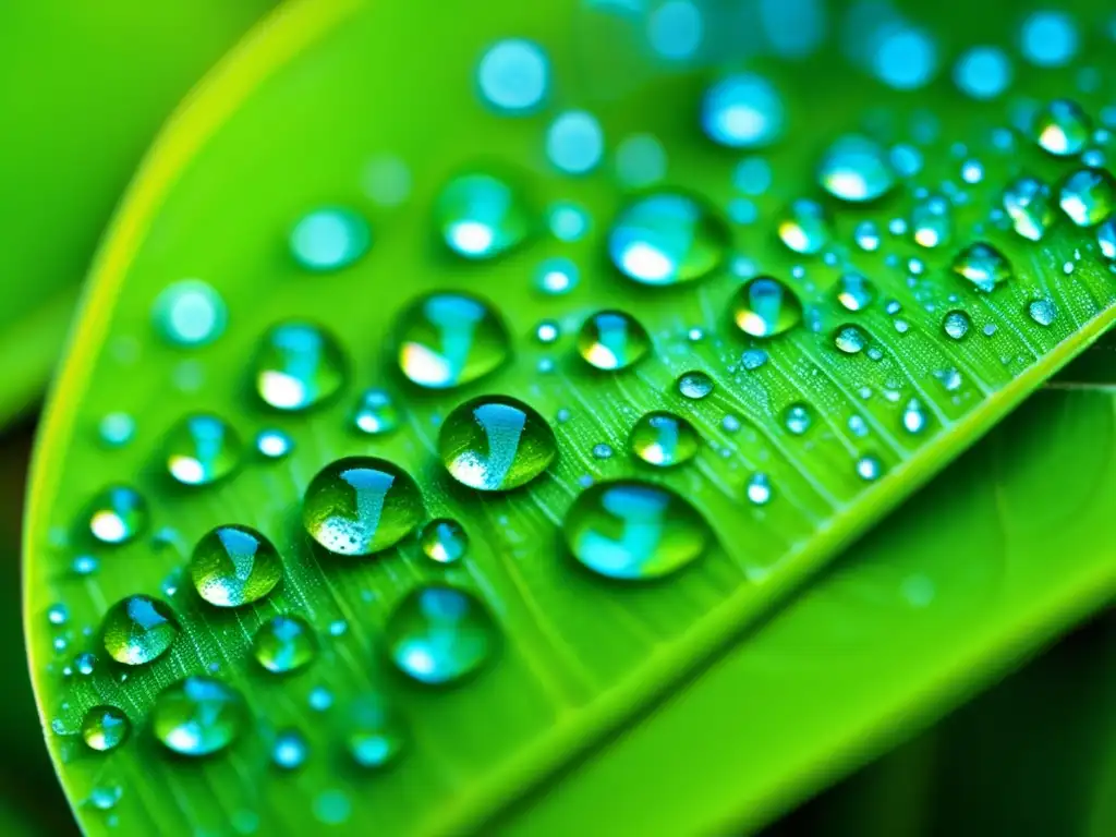 Hoja verde con gotas de rocío, representando la belleza de la naturaleza y la Producción Zero Waste