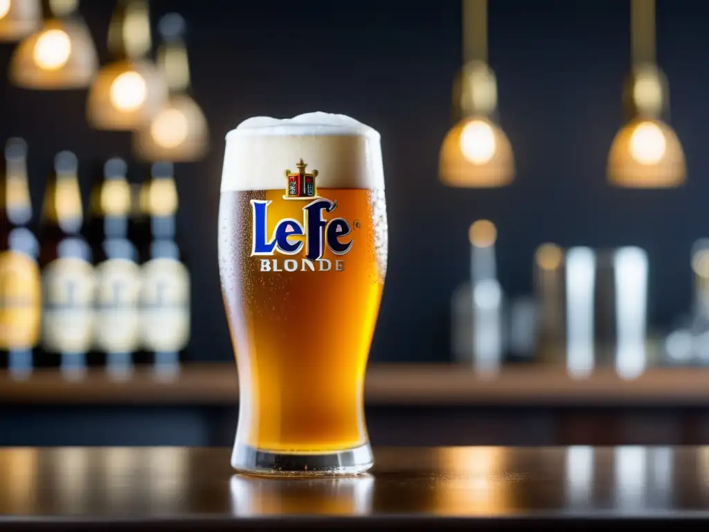 Cerveza Leffe Blonde en vaso de marca, con espuma cremosa y color dorado -