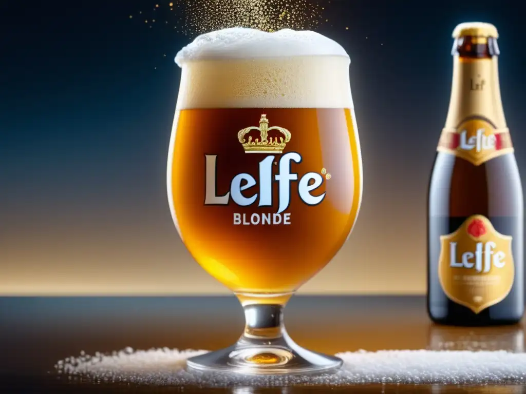 Vaso de Leffe Blonde, cerveza ámbar en cascada con burbujas y espuma, detalle y elegancia